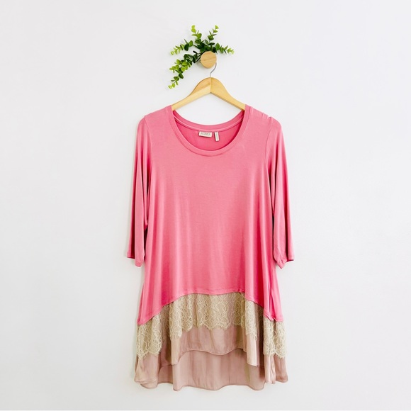 Logo By Lori Goldstein Pink Loose Fit Lace Ruffle Hem Top - Picture 1 of 7